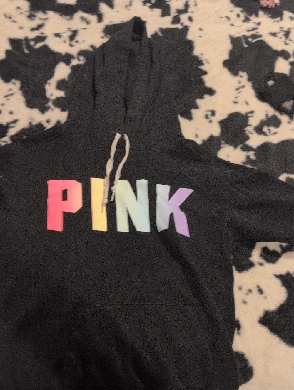 PINK Victoria's Secret Black Hoodie with Pastel Rainbow Logo